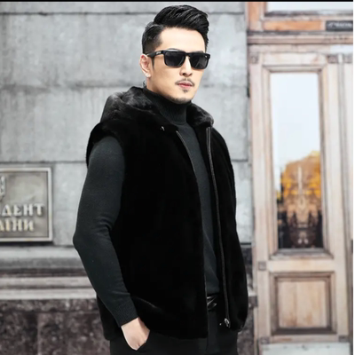 冬季新款仿水貂皮草马甲貂皮大衣男黑色背心马夹休闲加厚连帽外套