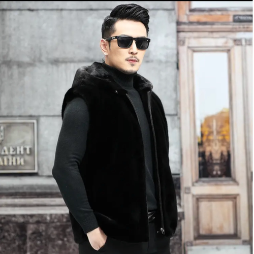 冬季新款仿水貂皮草马甲貂皮大衣男黑色背心马夹休闲加厚连帽外套