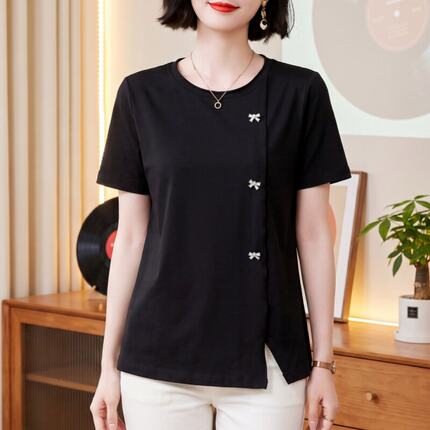 纯棉黑色短袖t恤女夏装洋气妈妈体恤大码胖mm宽松百搭女士上衣服