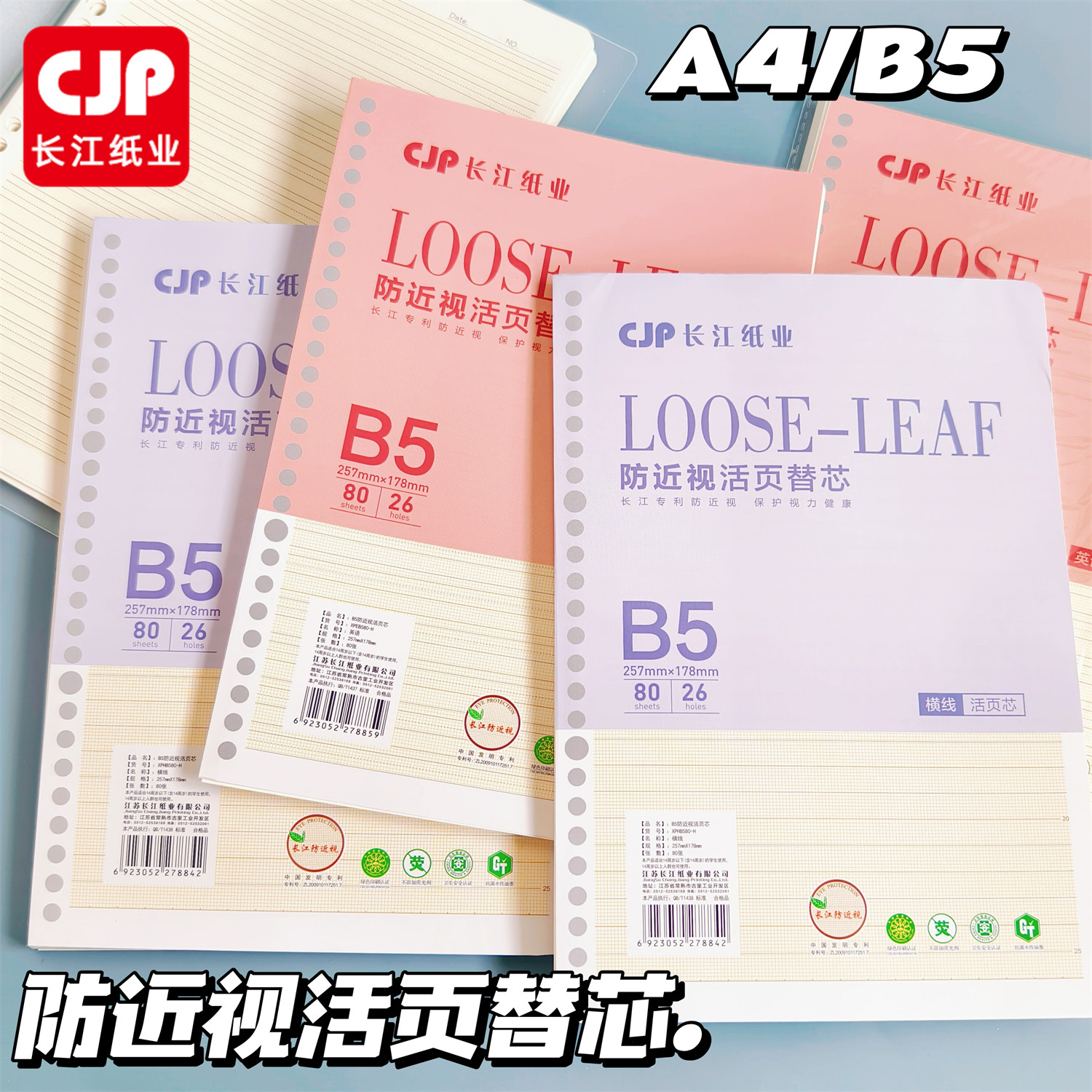 长江纸业防近视活页替芯B5/A4规格任选80g加厚纸张书写不透墨替芯图片