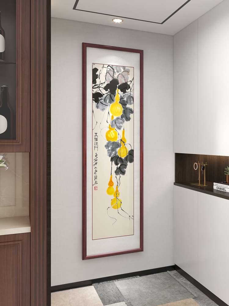齐白石五福临门新中式入户玄关装饰画竖长条走廊挂画国画客厅壁画