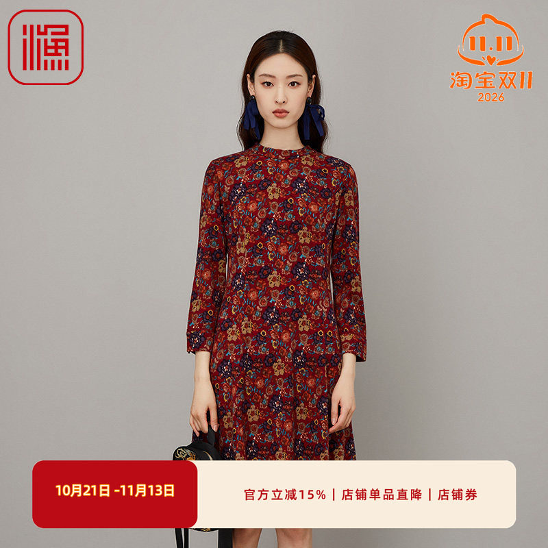 渔牌女装秋装女新款立领印花长款雪纺弹力连衣裙子FGFD0036
