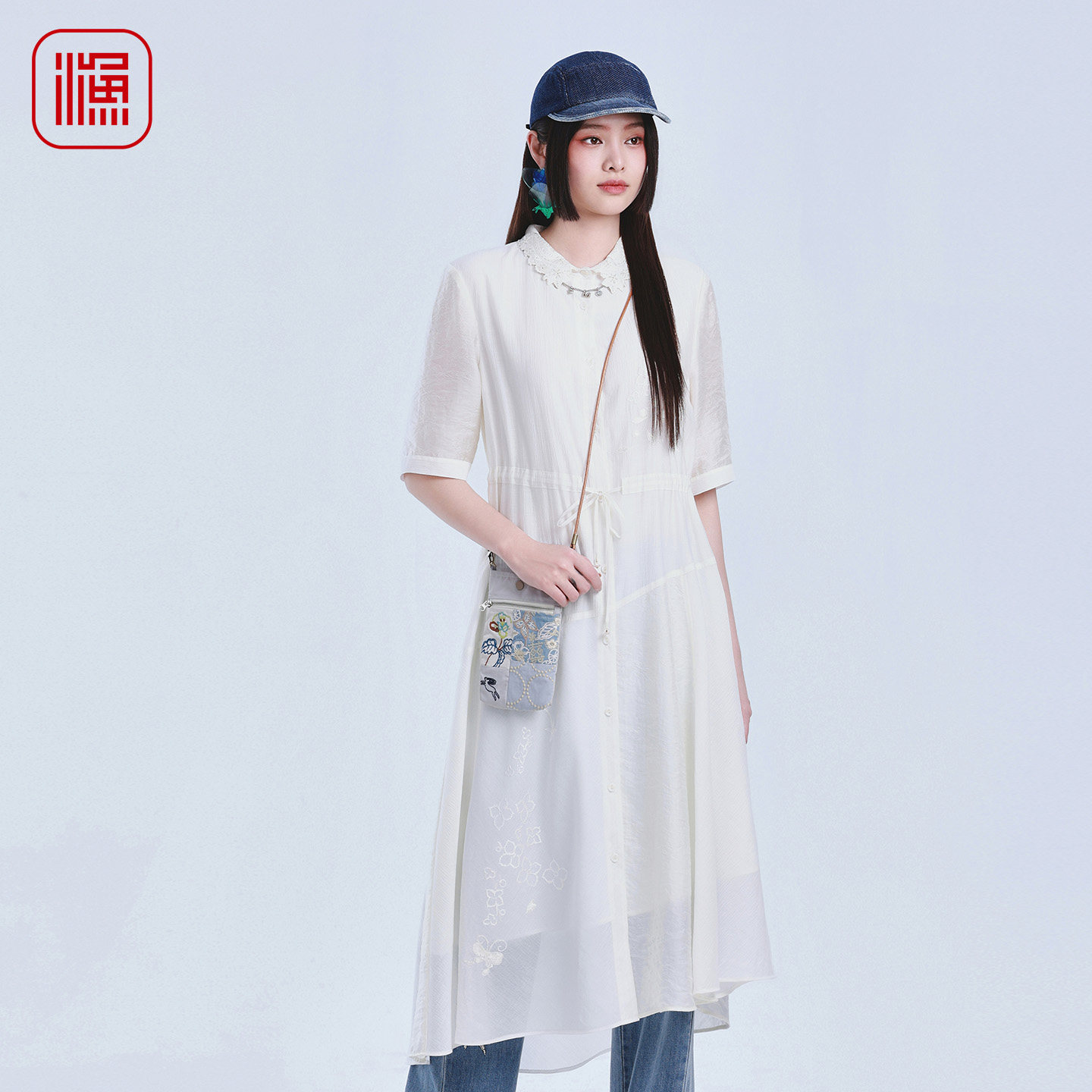 渔牌精致刺绣连衣裙女2026夏季新款立领短袖收腰文艺中长款衬衫裙