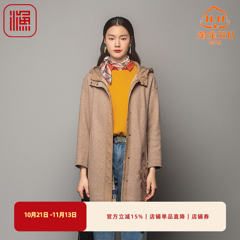 渔牌女装大衣女款新款加厚针织带帽长款毛呢外套FGFD3058