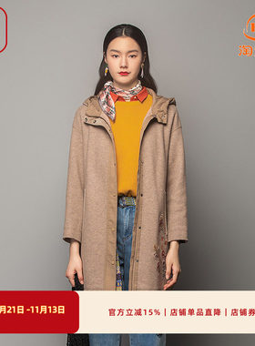 渔牌女装大衣女款新款加厚针织带帽长款毛呢外套FGFD3058