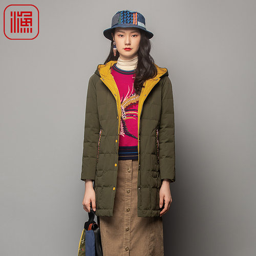 渔牌女装羽绒服女新款军绿国潮中国龙绣花白鸭绒外套FGFD5048