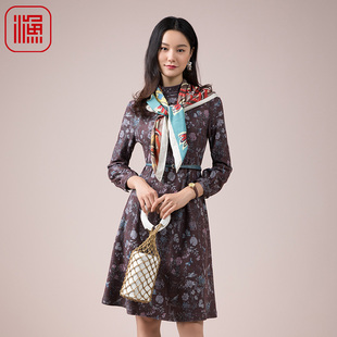 连衣裙女FGED0043 印花中领修身 FISHING裙子女新款 秋冬新款