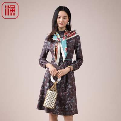 FISHING裙子女新款秋冬新款印花中领修身连衣裙女FGED0043