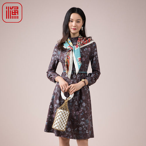 FISHING裙子女新款秋冬新款印花中领修身连衣裙女FGED0043