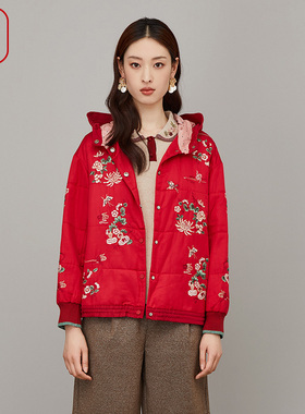 渔女装棉服女新款冬季连帽刺绣花桑蚕丝中国红外套FGFD4049