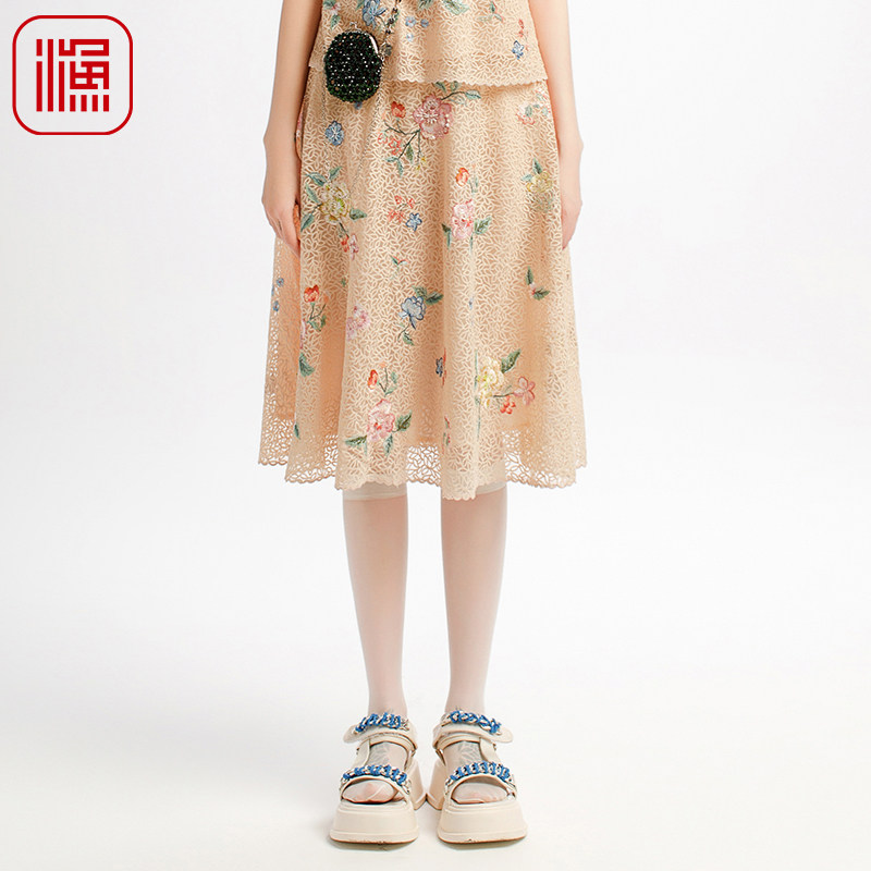 渔牌女装半身裙女2025新款春夏蕾丝新中式重工绣花裙子FGHBT017B