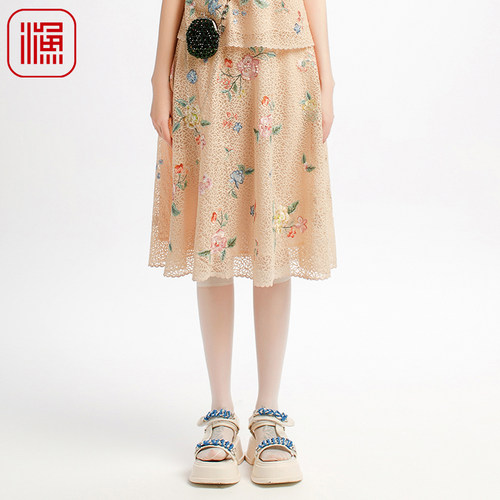 渔牌女装半身裙女2025新款春夏蕾丝新中式重工绣花裙子FGHBT017B