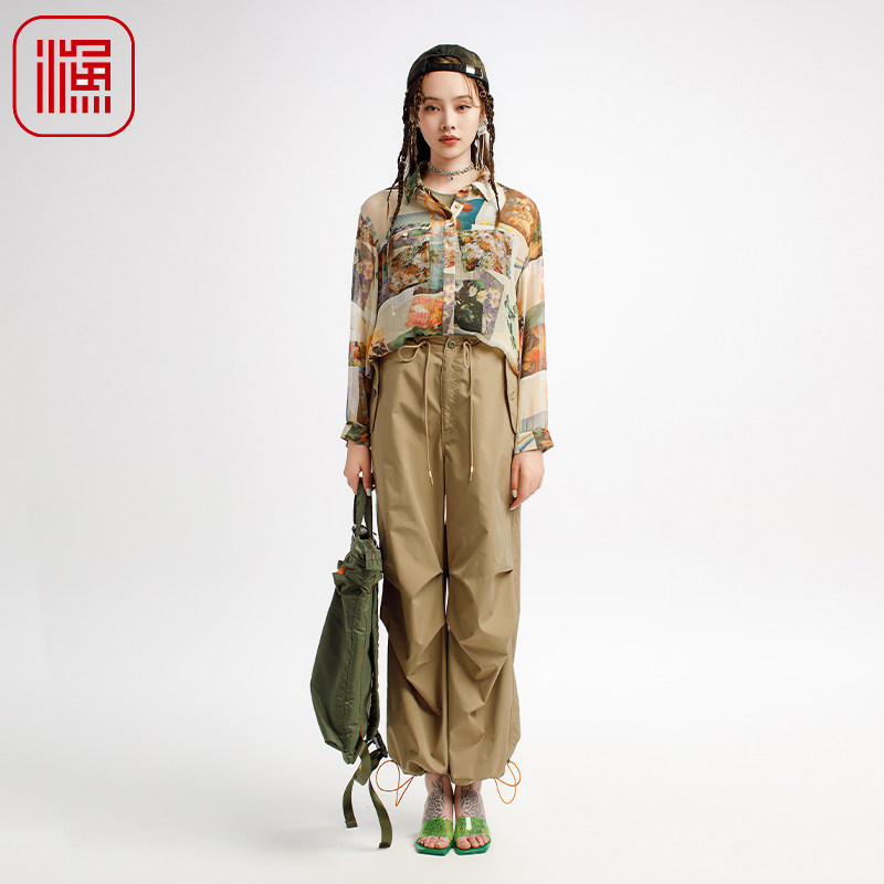 渔牌女装衬衣女款2025新款微邹真丝个性印花薄款长袖衬衣FGHA2285