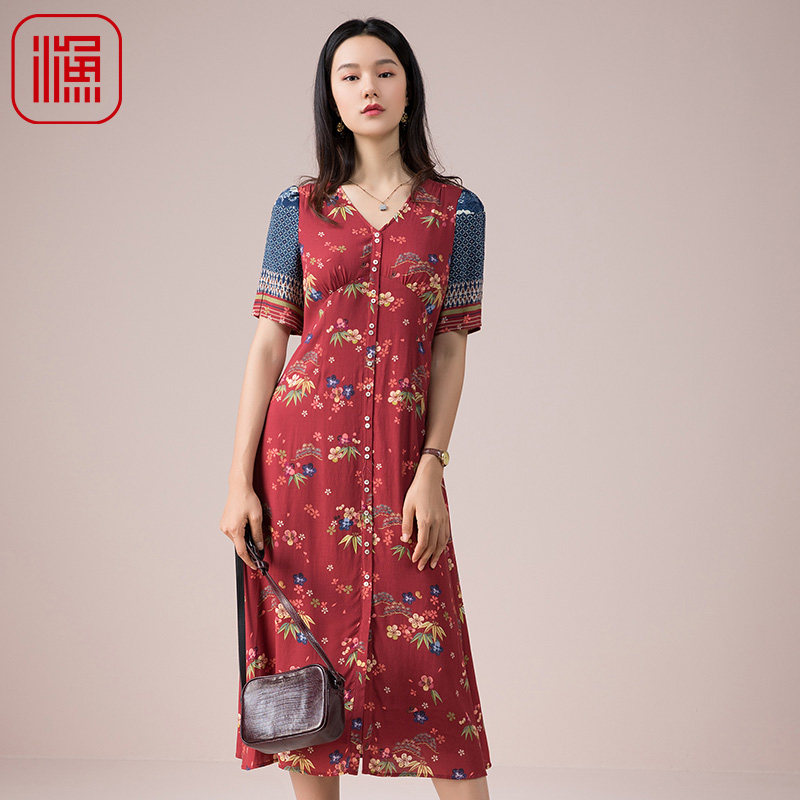 渔牌女装裙子女新款2022春秋开扣中袖收腰印花长连衣裙FGEC0019,女装/女士精品,连衣裙,淘宝优惠券,粉丝福利购,淘宝优惠卷