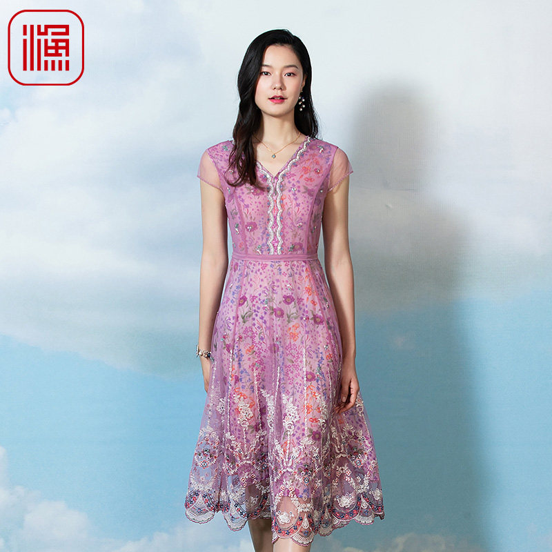 渔牌春款女装新款名媛气质印花长款连衣裙时尚礼服FGFA0021