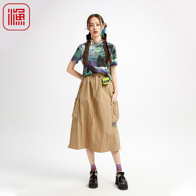 渔牌2025夏季新款女半身裙刺绣工装休闲裙子时尚抽绳百搭个性中裙