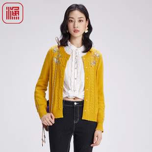 渔牌女装针织衫女新款春秋镂空绣花休闲短款毛衣外套FGGC3612