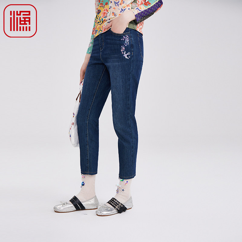渔服饰牛仔裤2025年早秋新款绣花紧身小脚弹力裤显瘦九分休闲裤子