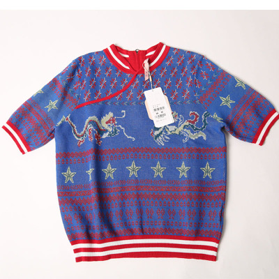 渔牌新款立领横条纹针织上衣色织套头短袖针织衫FGGA1001