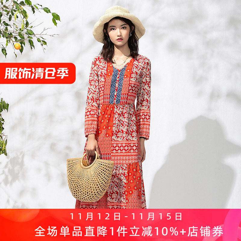 渔牌女装春夏新款刺绣印花桑蚕丝连衣裙