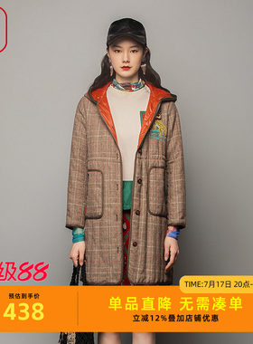 渔服饰棉服女新款冬季小方格子带帽中长款棉衣FGFD4022