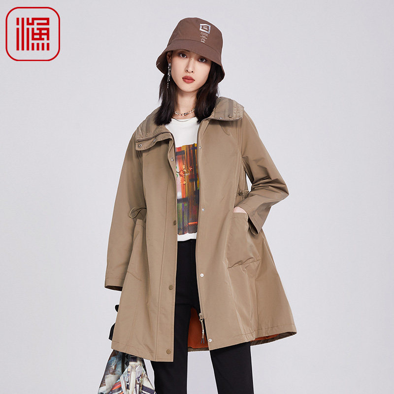 渔牌女装2025年新款高立领长款及膝宽松印花雪纺风衣外套FGHA3042