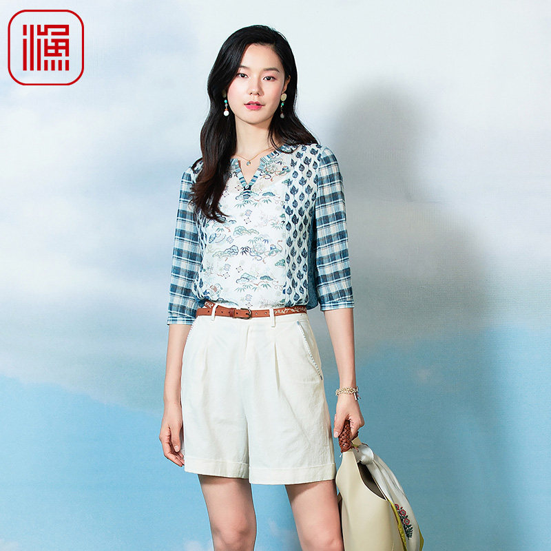 渔女装2023春新款小衫印花真丝桑蚕丝弹力印花拼色女上衣gfa2249
