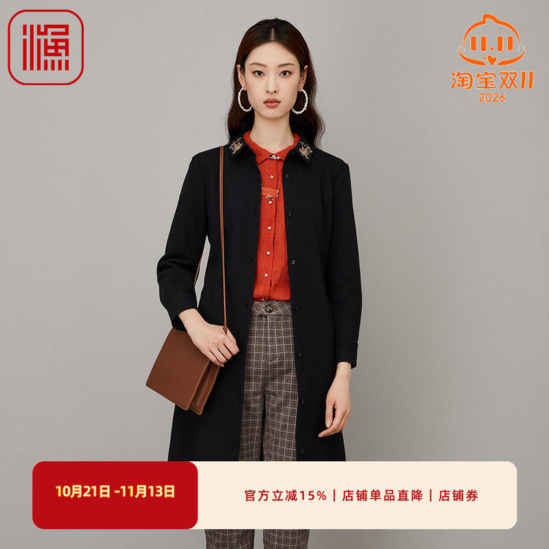 渔服饰毛呢外套新款春秋款翻领绣花修身呢长外套FGFC3213