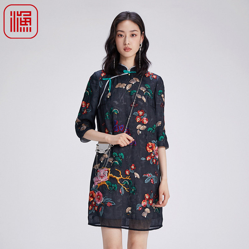 渔牌女装连衣裙新款女秋冬桑蚕真丝复古中式改良旗袍FGGD0042