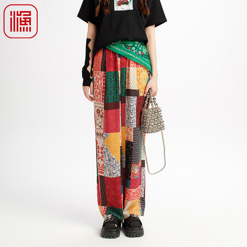 渔牌女装阔腿裤女2025新款春夏雪纺弹力印花撞色休闲长裤FGHB6243