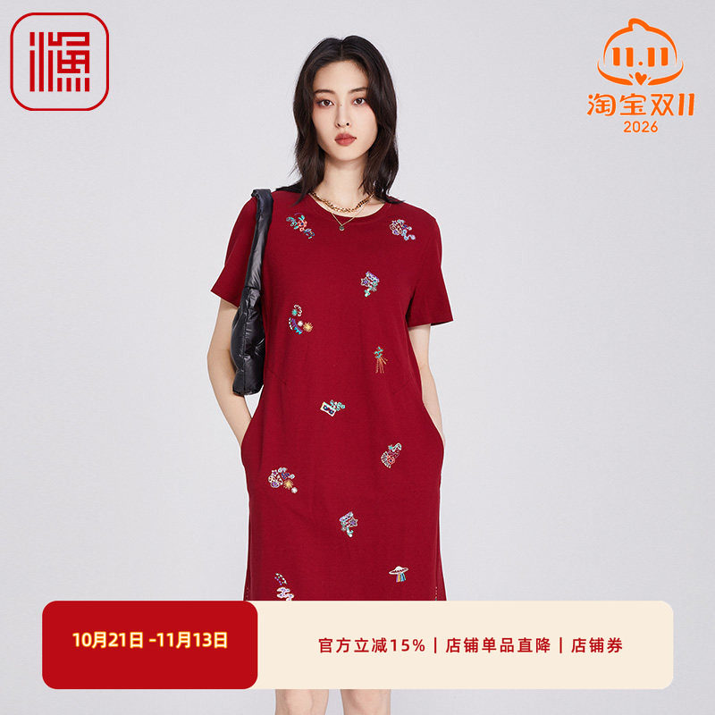 渔牌女装2025夏季流行单品新中式刺绣花针织连衣裙子FGHB0113