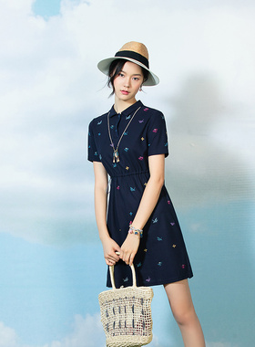 渔牌春夏新款FGFB0118 抽绳格纹提花短袖连衣裙女