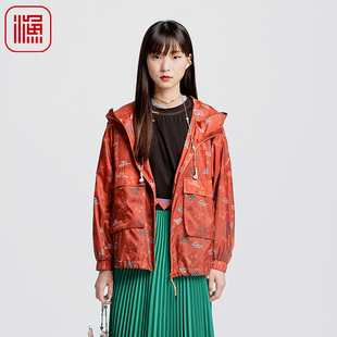 渔牌女装外套女款新款连帽轻薄款雪纺印花风衣短上衣FGGC3060