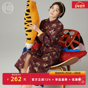 非鱼潮牌印花女装连衣裙秋冬新款纯棉长袖收腰显瘦裙子