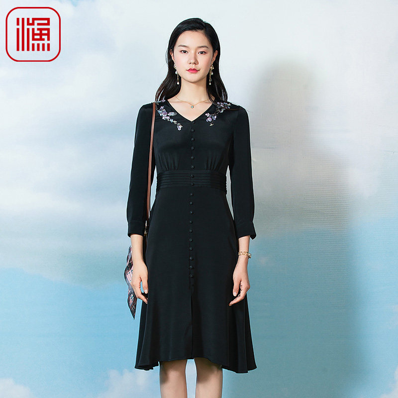 渔牌女装新款春收腰弹力桑蚕丝通勤风时尚V领连衣裙子FGFA0116