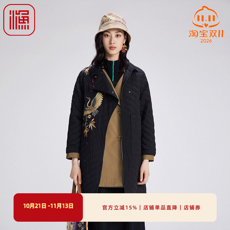 渔牌女装棉服女年新款冬季中式古典绣花长款棉衣外套FGGD4043