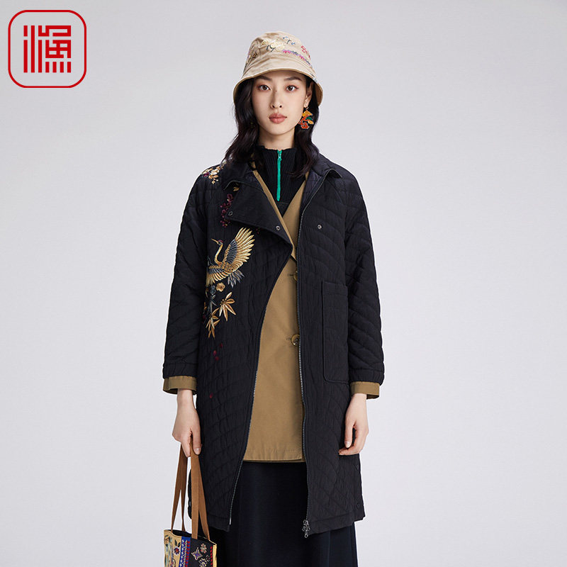 渔牌女装棉服女年新款冬季中式古典绣花长款棉衣外套FGGD4043