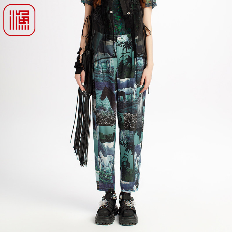 渔服饰裤子女2025新款夏底片印花艺术风锥形高腰显腿长裤FGHB6257