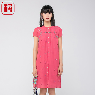 真丝弹力微邹绣花休闲裙子FGGB0020 女夏季 渔牌女装 连衣裙新款