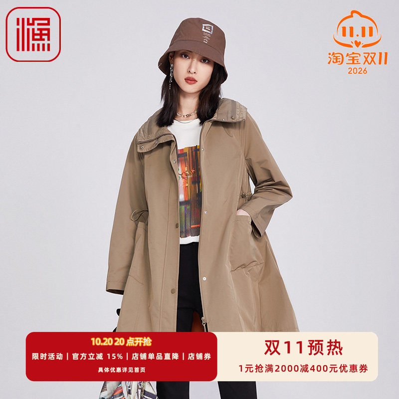 渔牌女装2025年新款高立领长款及膝宽松印花雪纺风衣外套FGHA3042