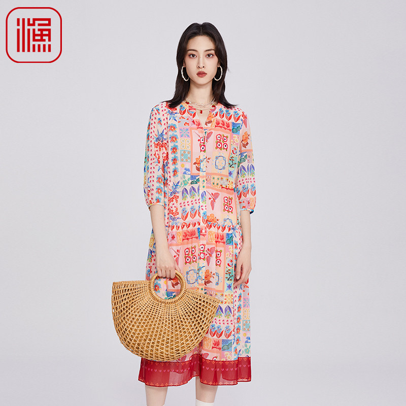 渔牌女装连衣裙2025新款宽松抽绳收腰印花休闲雪纺长裙子FGHA0029