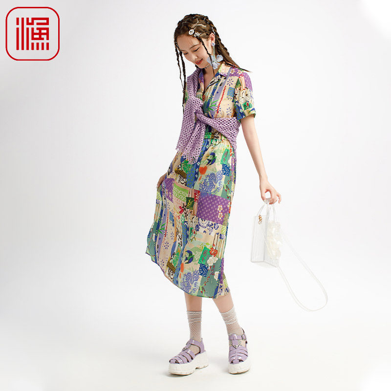 渔牌女装文艺半开扣连衣裙夏季2025新款拼色印花气质翻领百搭裙子