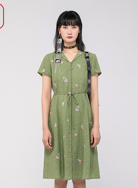 渔女装裙子女夏天新款纯棉全棉半开扣系带修身连衣裙FGGB0105