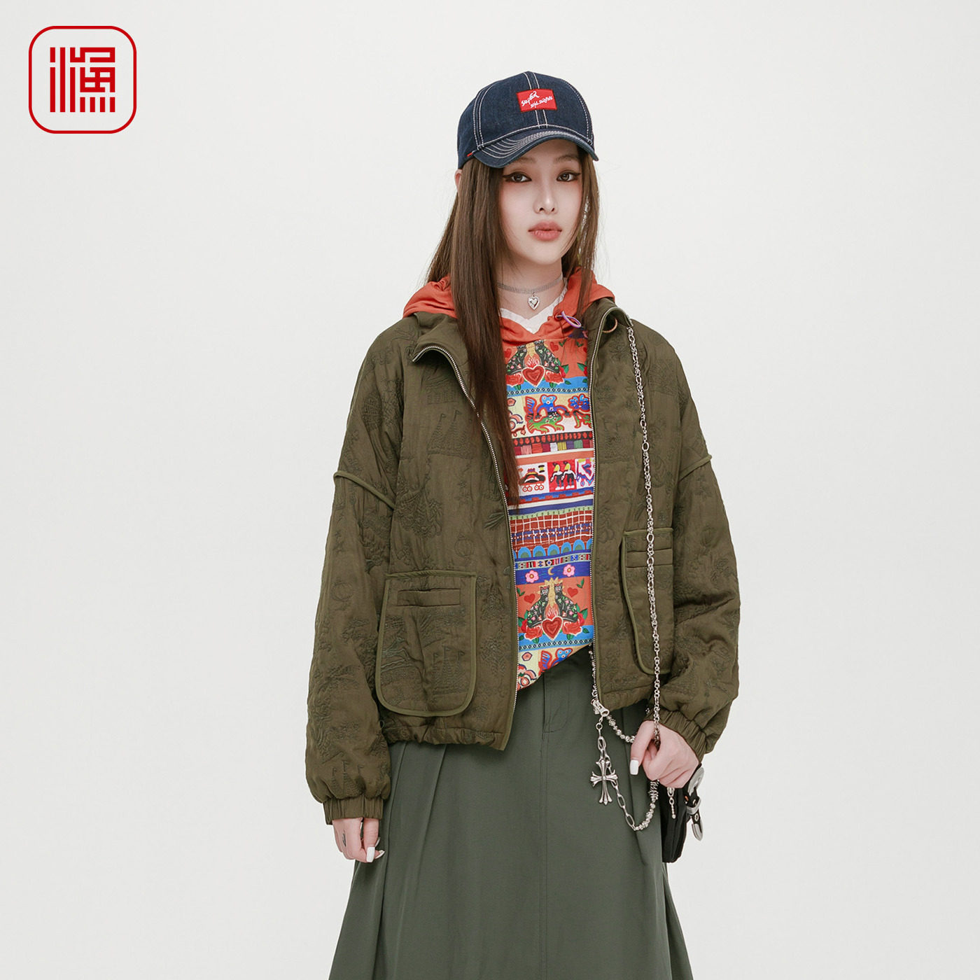 渔牌女棉服女2025年新款复古重工满底刺绣花休闲棉衣外套FGHC4022