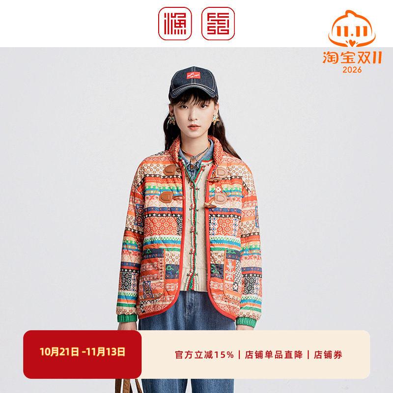 渔牌新款复古印花连帽棉衣