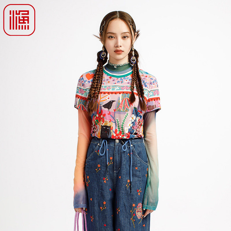渔牌女装短袖女t恤2025新款弹力棉质针织印花休闲上衣服FGHB2099