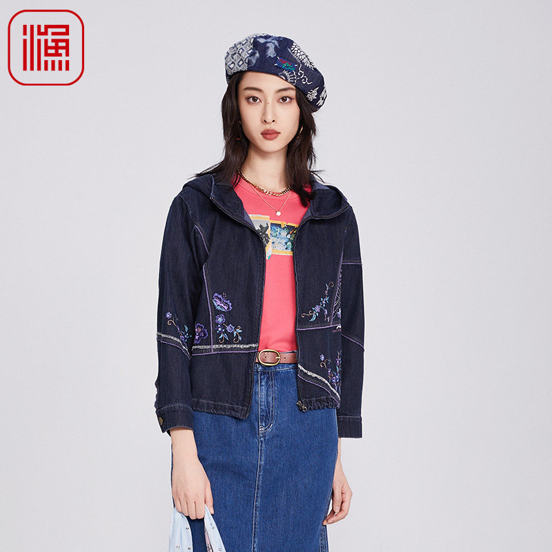 渔牌女装外套女2025新款春夏绣花宽松连帽立领牛仔棉外套FGHA3009