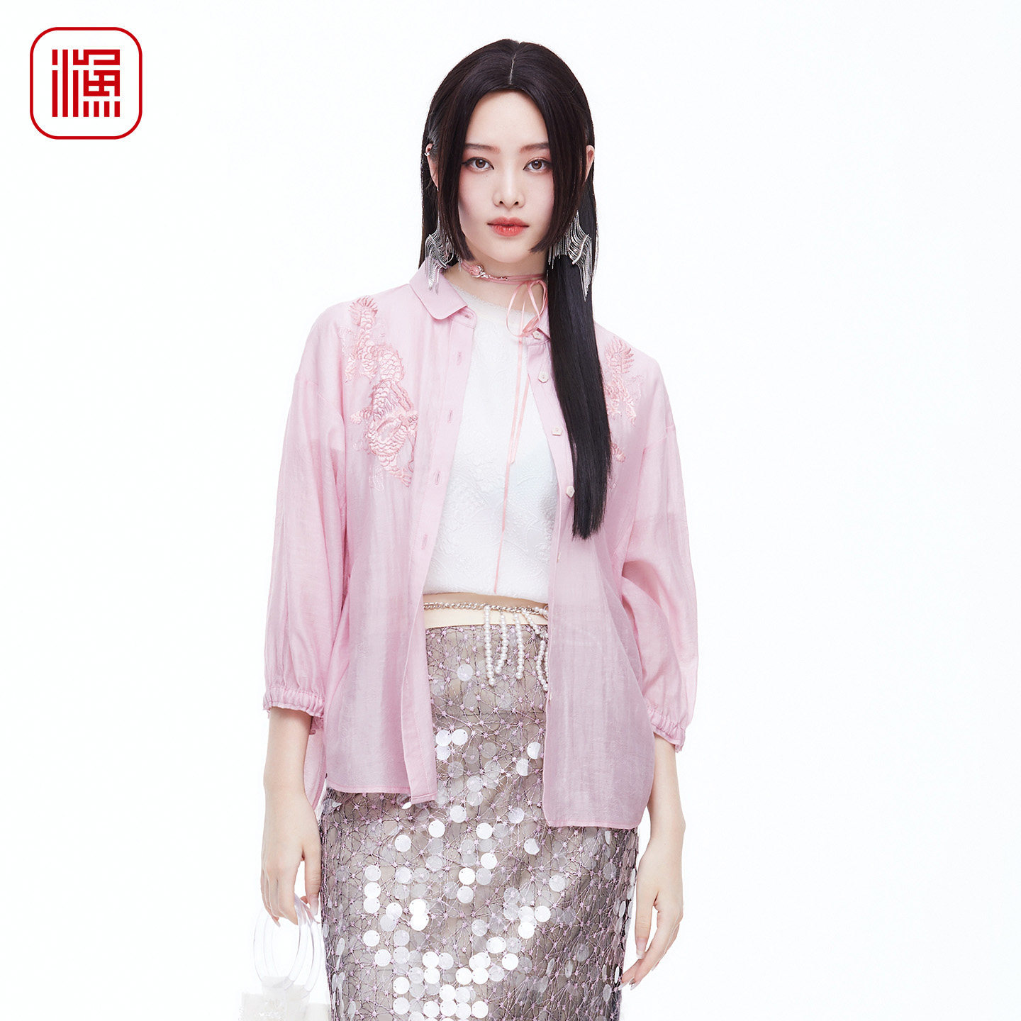 渔牌女装2026春装新款国风刺绣娃娃领收腰七分袖衬衣开衫FGIA3091
