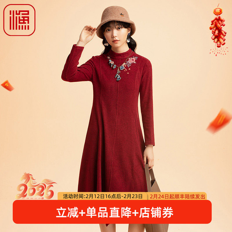 渔牌女装新款秋冬装绒感针织绣花修身中高领连衣裙女FGED0042