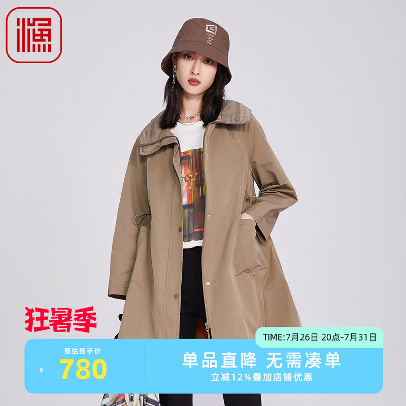 渔牌女装2025年新款高立领长款及膝宽松印花雪纺风衣外套FGHA3042